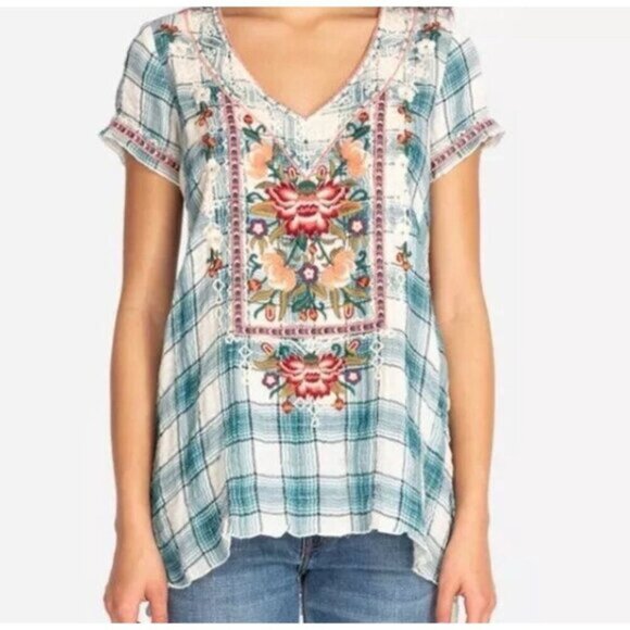 Johnny Was Workshop Juliene Estelle Floral Embroidered Plaid 90s Y2K Top Large - Picture 13 of 13